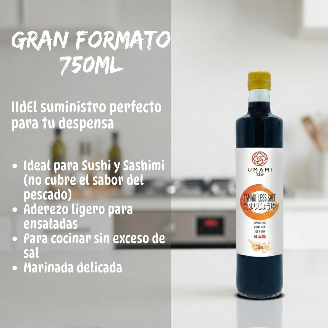 Umami Salsa de Soja Menos Sal 750ml - Baja en Sodio - Producida en Japón para Sushi y Wok