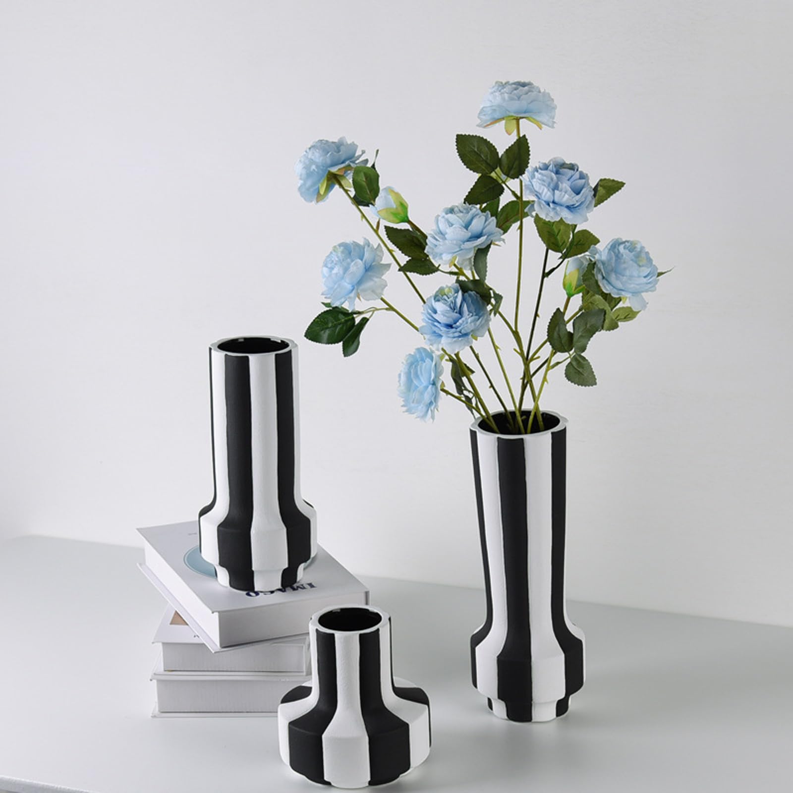 Wazon ceramiczny Czarno-biały wazon w paski z szerokim otworem Wazon matowy na trawę pampasową, stoły, półki, regały, kominki i przedpokoje,Panda a