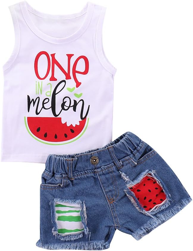 Mikrdoo 2Pcs Toddler Girl Summer Outfits ONE Watermelon Tank Top + Ripped Denim Shorts Baby Girl Clothes (6-12 Months, White)