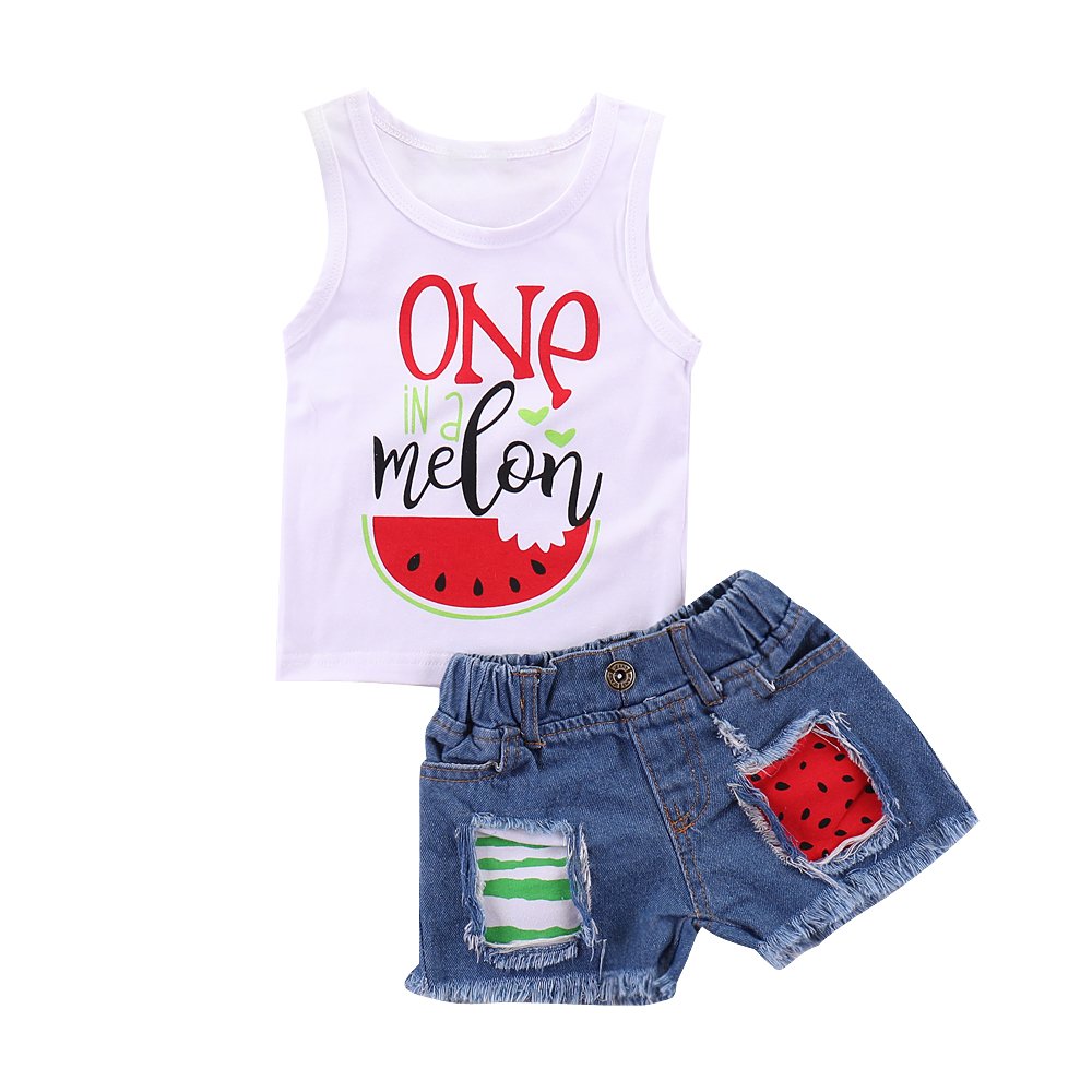 Mikrdoo 2Pcs Toddler Girl Summer Outfits ONE Watermelon Tank Top + Ripped Denim Shorts Baby Girl Clothes (6-12 Months, White)