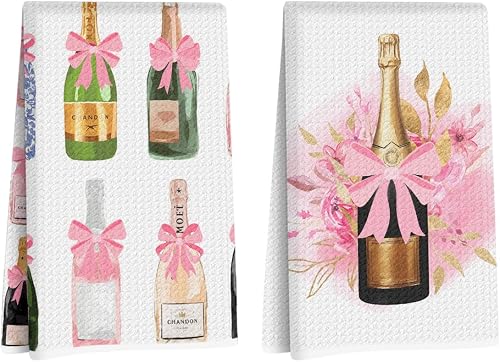 2Pcs Elegant Champagne Bottle Kitchen Towels 24x14 Inch, Coquette Pink Bow Waffl