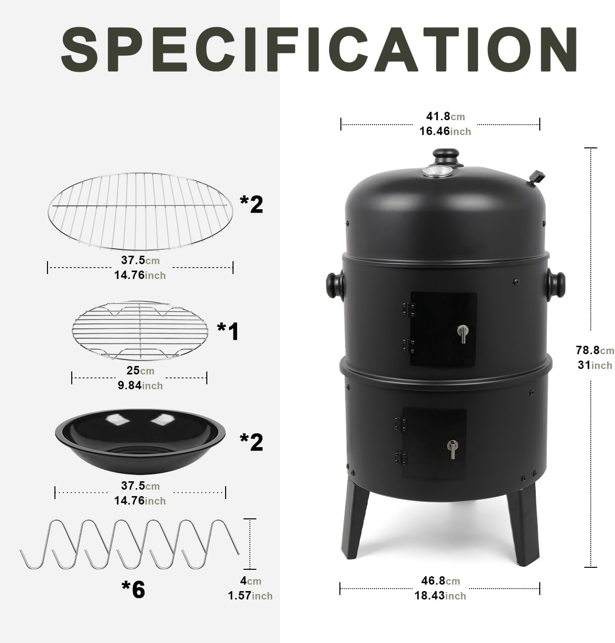 Charcoal BBQ Smoker, 16 Inch Heavy Duty Grill with 2 Cooking Area and Thermometer, 4 In 1 Vertical Smokers Grill for Outdoor Camping Backyard Picnic Party