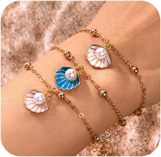 3Pcs Seashell Pearl Gold Beach Bracelets Set for Women Trendy Blue/White/Peach Shell Conch Statement Bracelet Fashion Cowrie Beachy Holiday Hawaii Jewelry