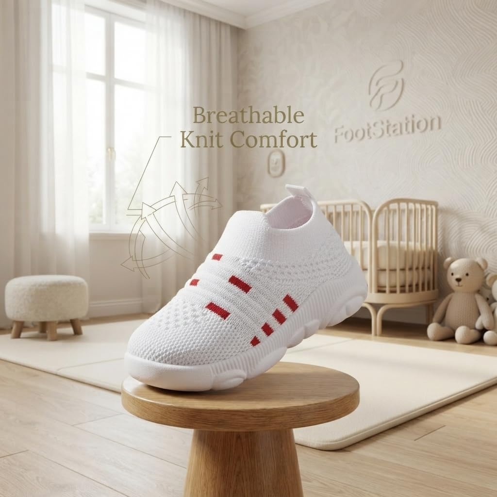 FootStation Infant Shoes for Baby Boys & Girls | Musical Sound Walking Shoes | First Walker Shoes for Toddlers | Lightweight Breathable Knit Sneakers | Soft Sole Comfortable Slip On Shoes for Newborns, Babies & Kids (White, UK Footwear Size System, Toddler, Age Range, Medium, 12 Months, 15 Months) 1