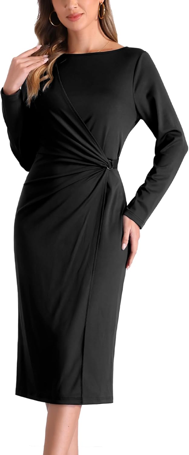 Allegra K Wear to Work Sheath Dress for Women's Long Sleeve Wrap Ruched Waist Boat Neck Church Midi Dress