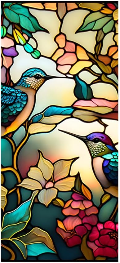 Stained Glass Window Film, Retro Hummingbird Floral Privacy Window Film Self Adhesive Colorful Window Sticker, Removable Static Cling Films for Home Office Bathroom, 45 X 100cm