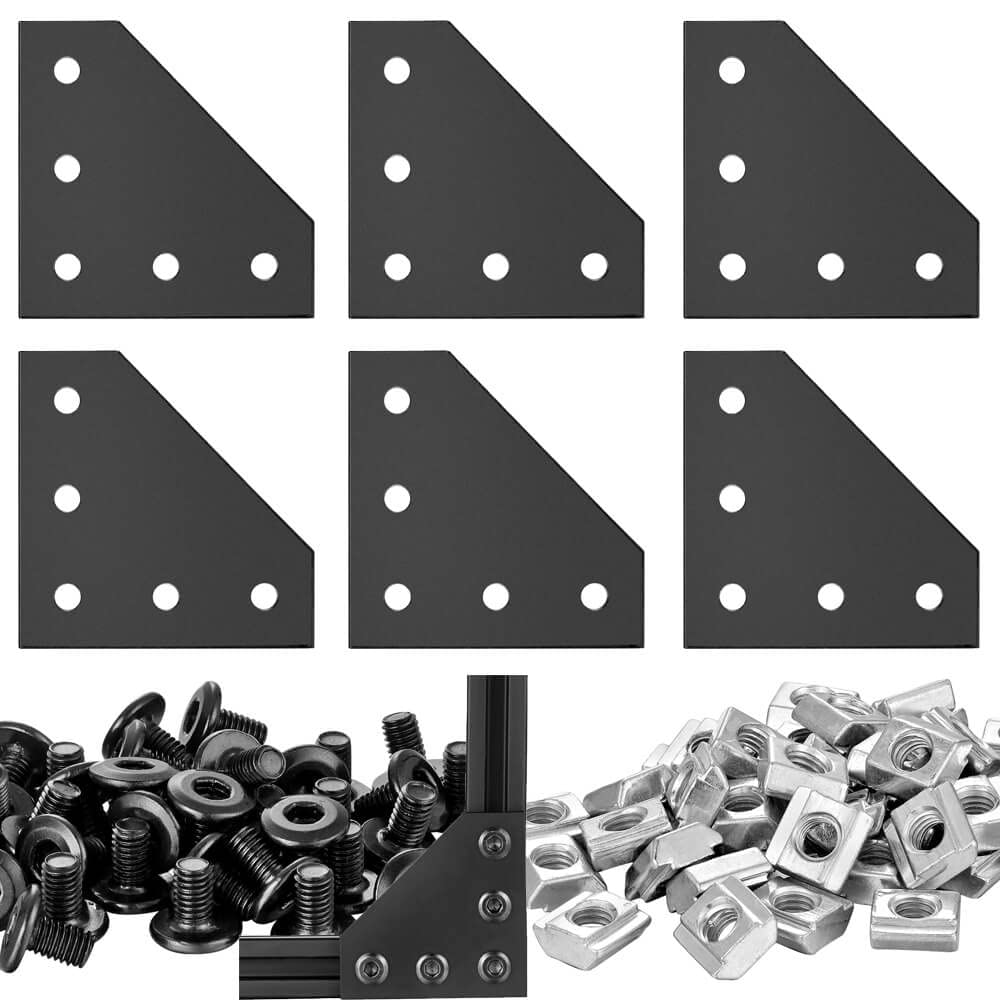 6Sets 2020 Corner Bracket Connectors 5 Hole L Shape Joint Plates for 2020 Series 6mm Slot Aluminum Extrusion Profile Accessories(L Black)