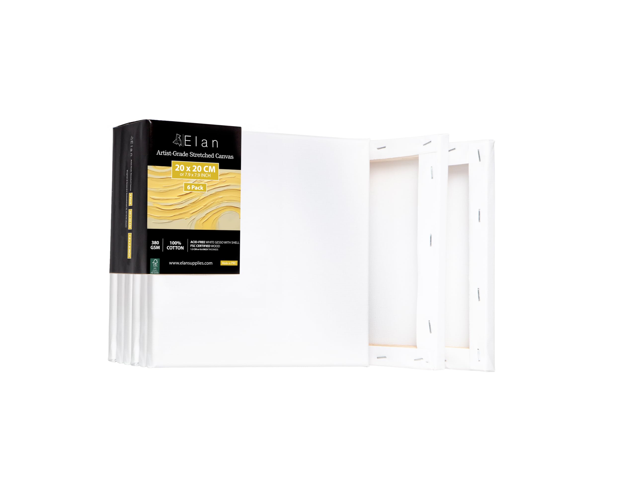 Elan Stretched Canvases 20x20 CM, 6-Pack Artist Canvas for Painting 380 GSM