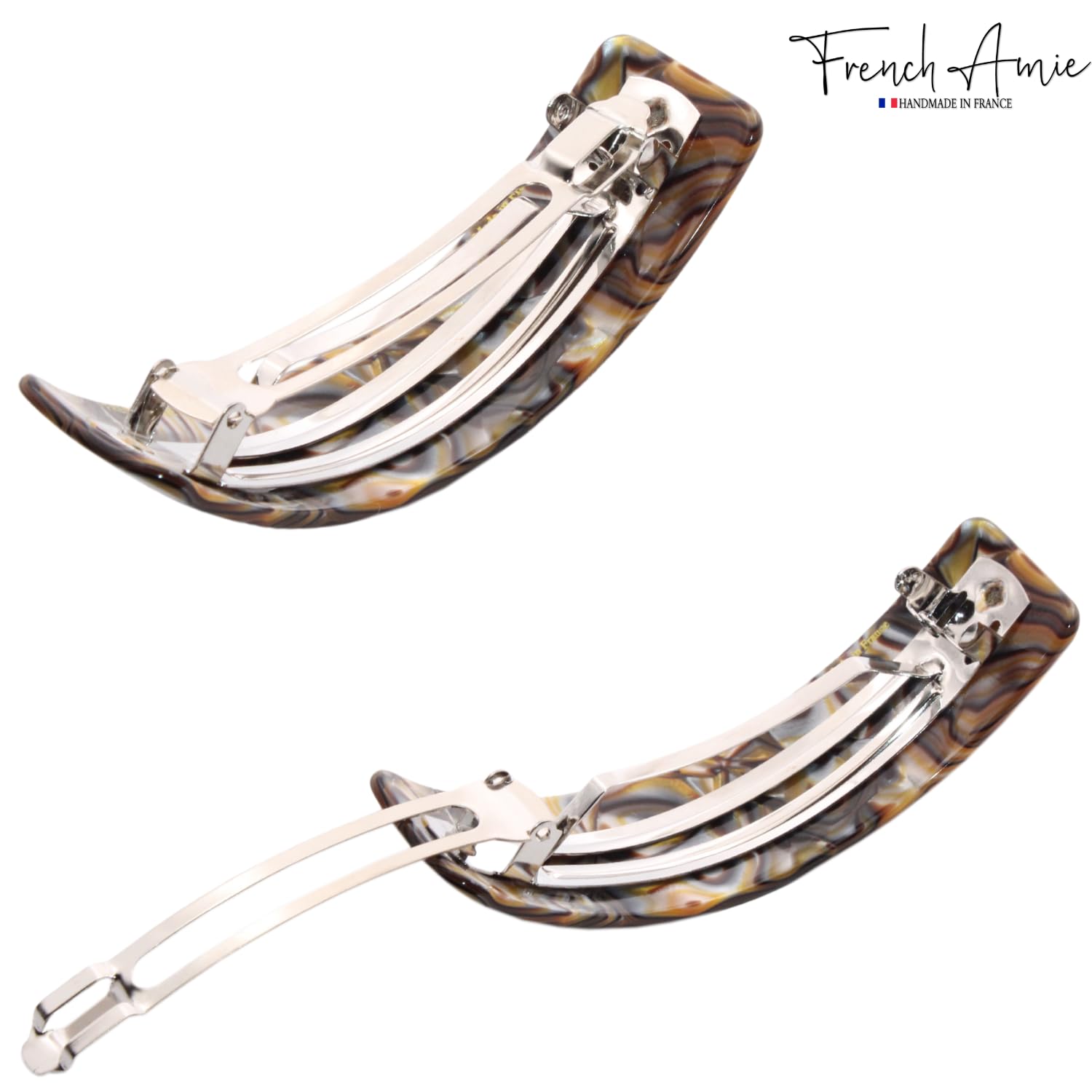 French Amie Curved Onyx Large 3 ¾” Handmade Celluloid Automatic Volume Hair Clip Barrette (Onyx Silver Grey)