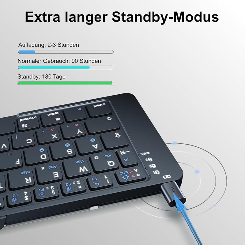 Echaar Összehajtható Bluetooth Billentyűzet Numerikus Résszel - iOS, Android, Windows Kompatibilis, QWERTZ Kiosztás, Újratölthető, Érintőpad