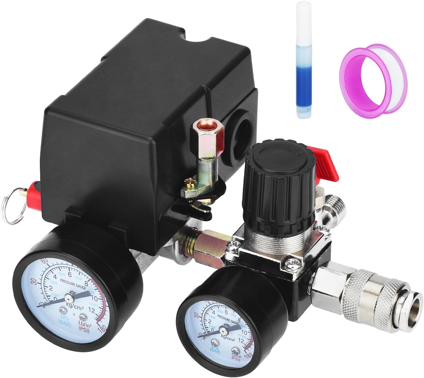 Universal Air Compressor Pressure Switch Control Valve (90-120 PSI, 110V-240V) with 0-180 PSI Regulator and Safety Pressure Relief Valve - 4 Way Replacement Part (110V-240V-B7)
