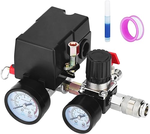 Válvula de control universal del interruptor de presión del compresor de aire (90-120 PSI, 110V-240V) con regulador de 0-180 PSI y válvula de alivio