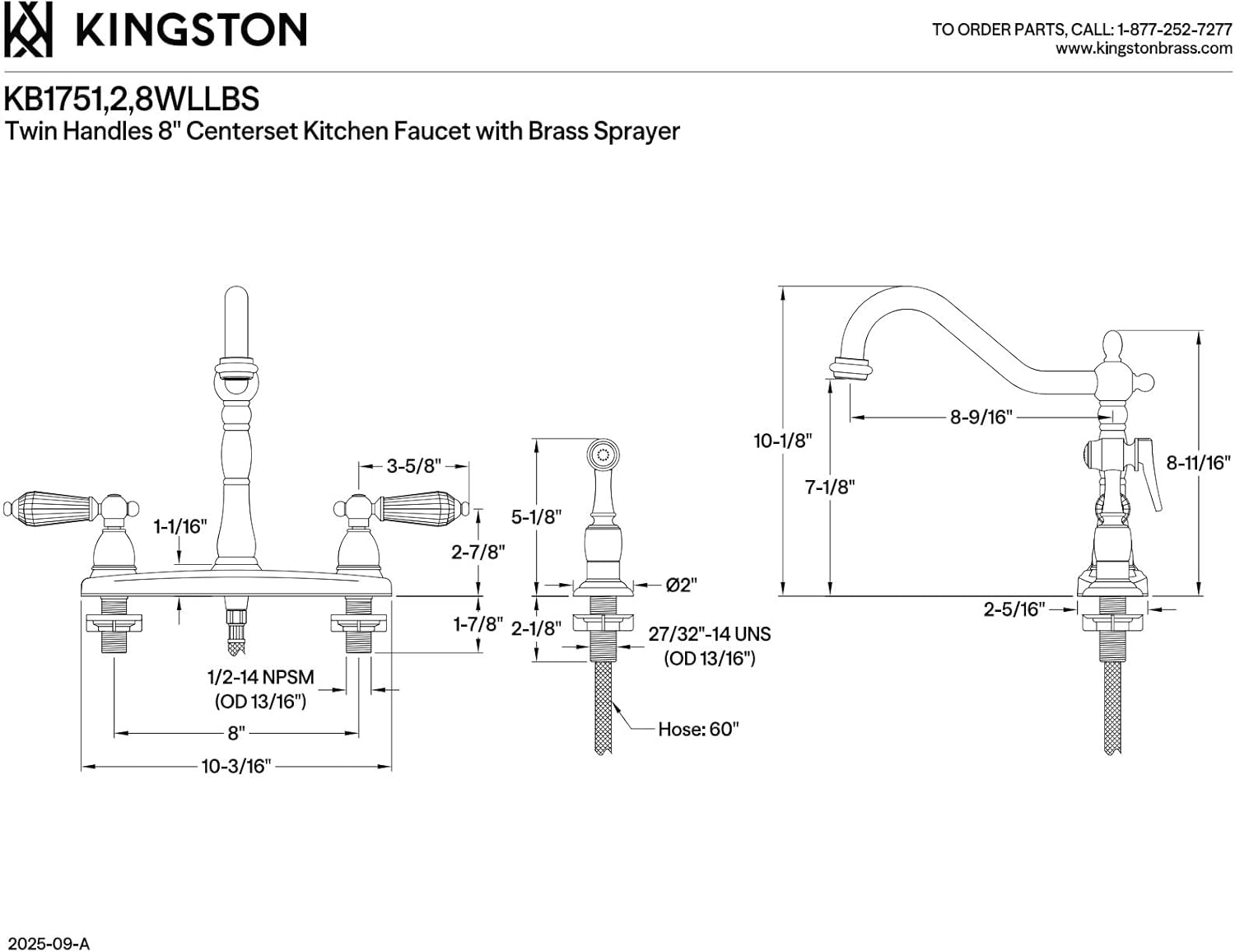 Kingston Brass KB1758WLLBS 8" Centerset Kitchen Faucet with Brass Sprayer, 8-5/8" in Spout Reach, Brushed Nickel