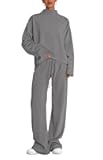 Women Spring Sweatsuits Two Piece Sets Mock Neck Long Sleeve Knit Tops Wide Leg Pants Lounge Set Travel Outfits