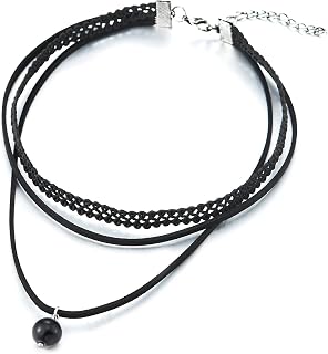 COOLSTEELANDBEYOND Ladies Black Choker Necklace with Synthetic Pearl Charm Pendant