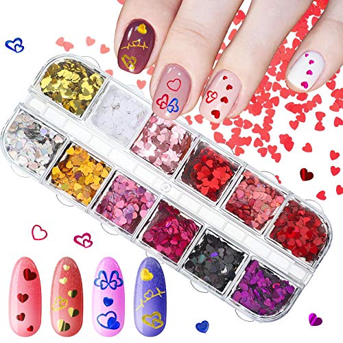 10 Sheets Valentine's Day Heart Nail Stickers And 12 Grids 3D Heart Nail Glitters Sequins Decals Sets, Self Adhesive Love Nail Decal Colorful Charms Heart Nail Sequins For Diy Manicure Nail #TOP3
