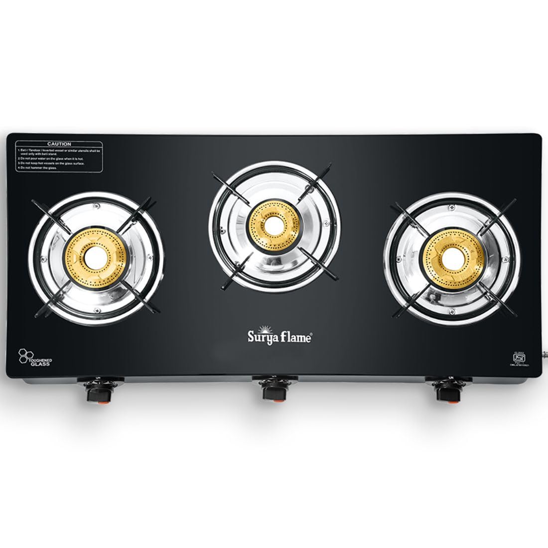 Surya Flame 3 Burner Smart Plus LPG Gas Stove Chulha Smart Toughened Glass Top manual ignition Cooktop BIS Certified Doorstep Services 2 Years (Black)