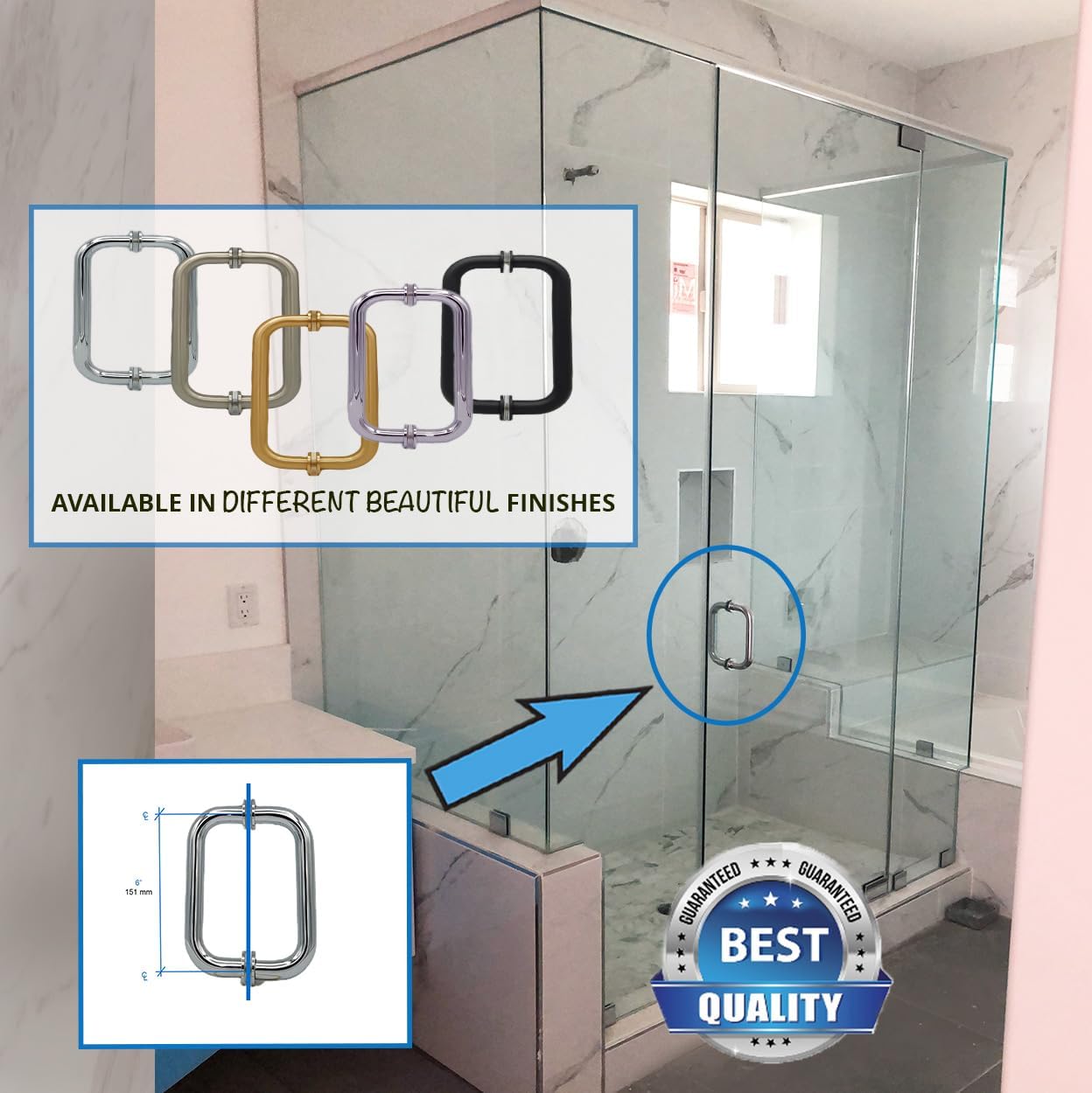 Hardware 6" Back to Back Tubular Shower Door Pull Handle with Washers for Frameless Shower Doors (Polished Chrome)