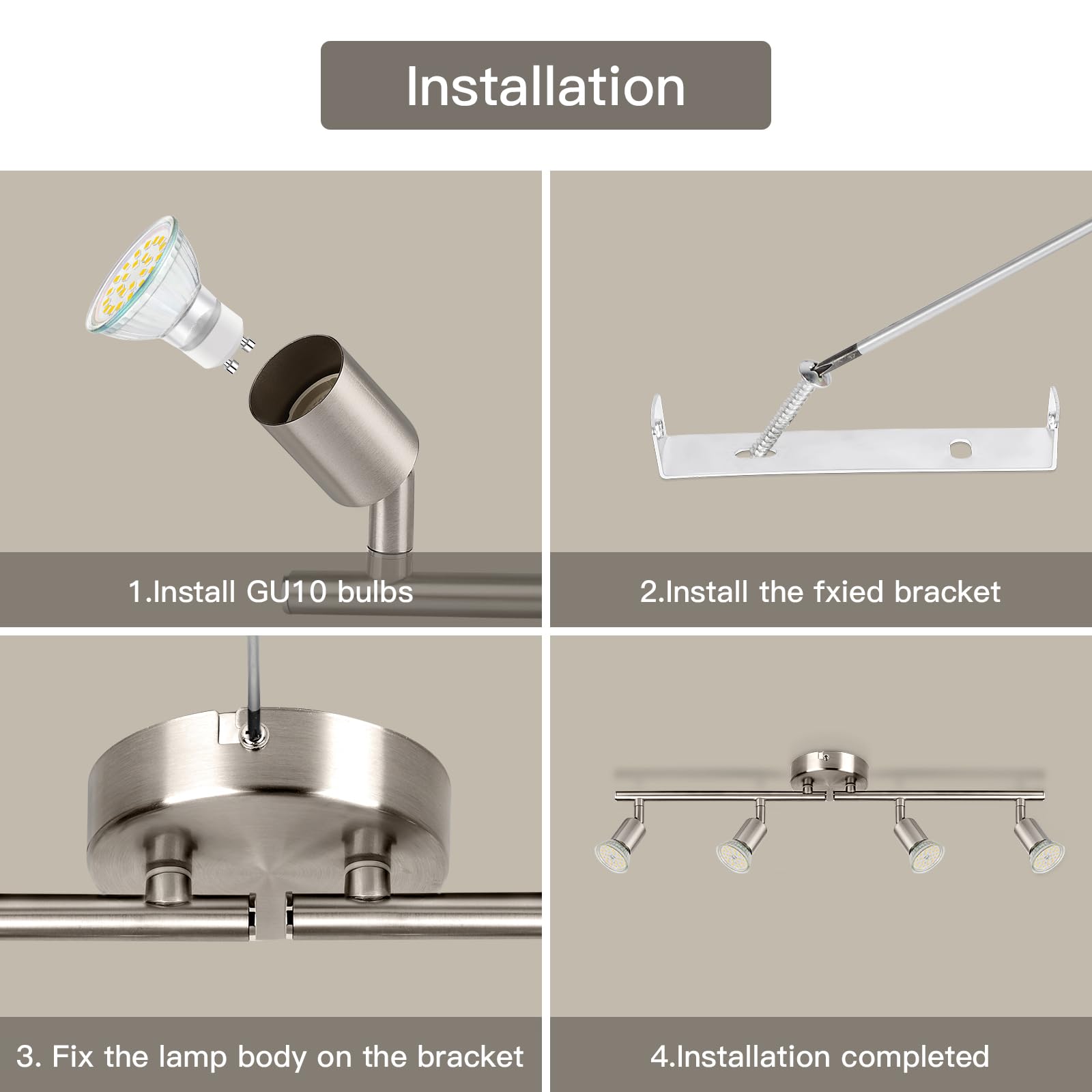 Obrotowy reflektor sufitowy - niklowana matowa 4-drożna lampa sufitowa GU10 LED Zakres LED 350° nowoczesne lampy do kuchni, salonu, bez żarówek