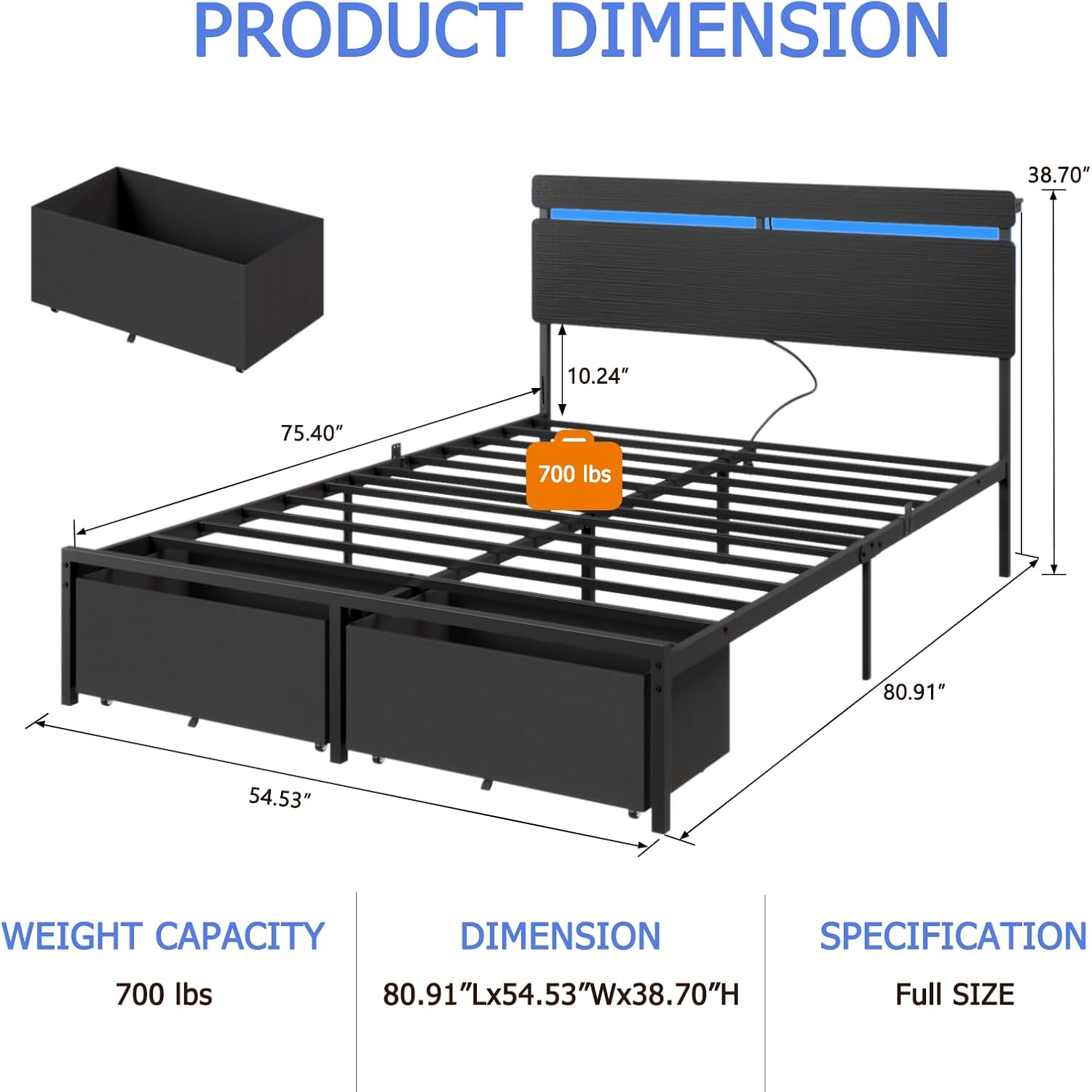 Forestell Full Size Bed Frame with Wood Headboard, Black Platform Bed with 2 Storage Drawers & Shelf, Built in Charging Station & LED Lights, Metal Support, No Box Spring Needed, Camas Full - Image 2