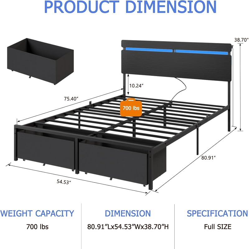 Forestell Full Size Bed Frame with Wood Headboard,2 Storage Drawers & Shelf image 2