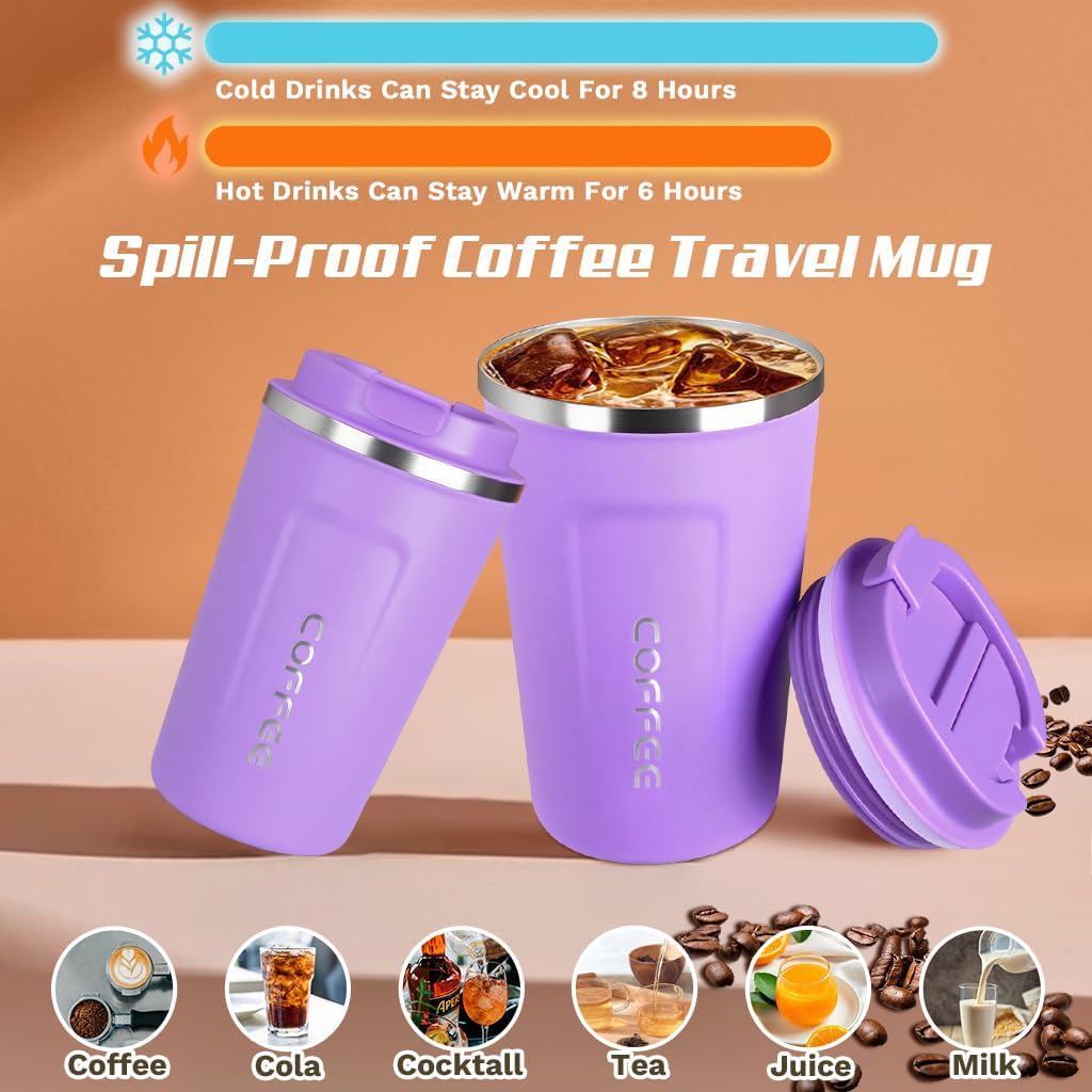 SPLMIFA Travel coffee mugs leak-proof, reusable coffee cup with lid, stainless steel vacuum insulated coffee tumblers, thermal insulation cups for men & women keep drinks hot & cold (2nd-Purple, 12OZ) image 2