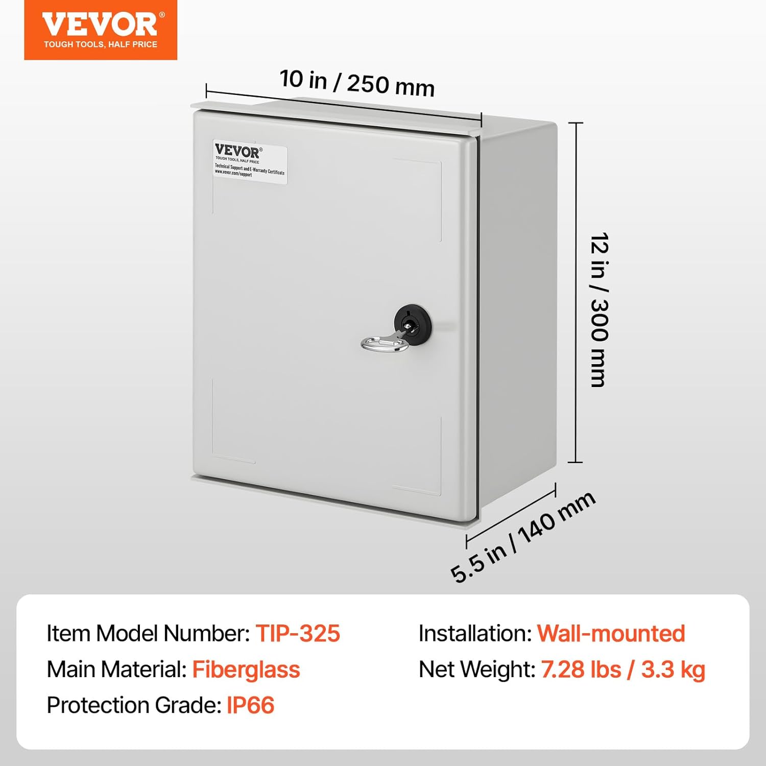 VEVOR Electrical Enclosure Box, 12'' ×10'' ×6'', Fiberglass Junction Box, IP66 Waterproof & Dustproof, Outdoor Electrical Box, with Mounting Plate