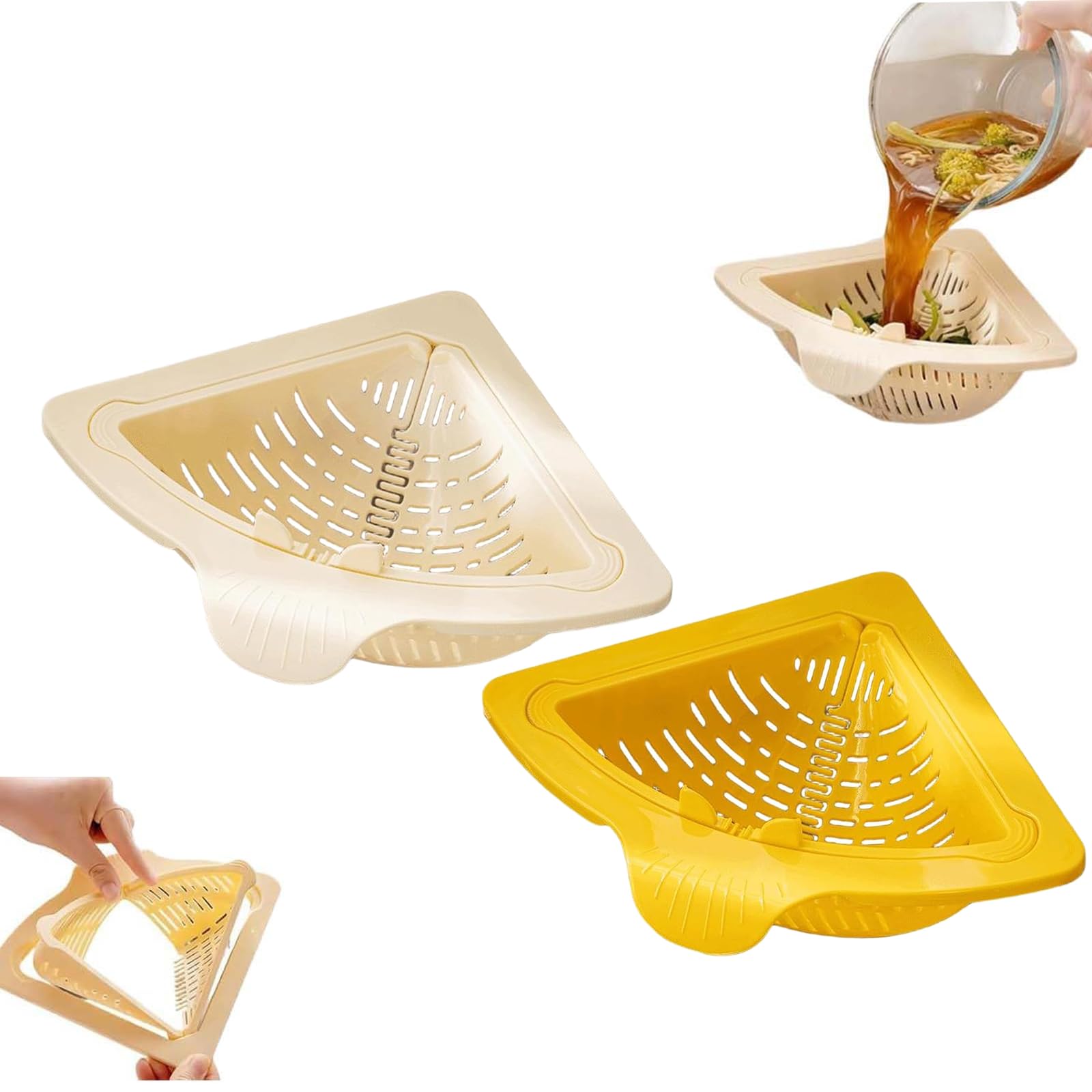 Magnetic Suction Space-Saving Corner Sink Strainer, Magnetic Triangular Sink Corner Rack, Punch-Free Triangular Draining Basket for Sink,Punch-Free for Washing Fruits & Vegetables (White+Yellow)