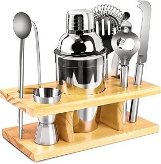 Cocktail Shaker，Haolide Cocktail Shaker Set, , 8 Pieces Stainless Steel Shaker Cocktail Kit, Cocktail Bar Tool Set with Wooden Base, Drink Shaker Bar Combo