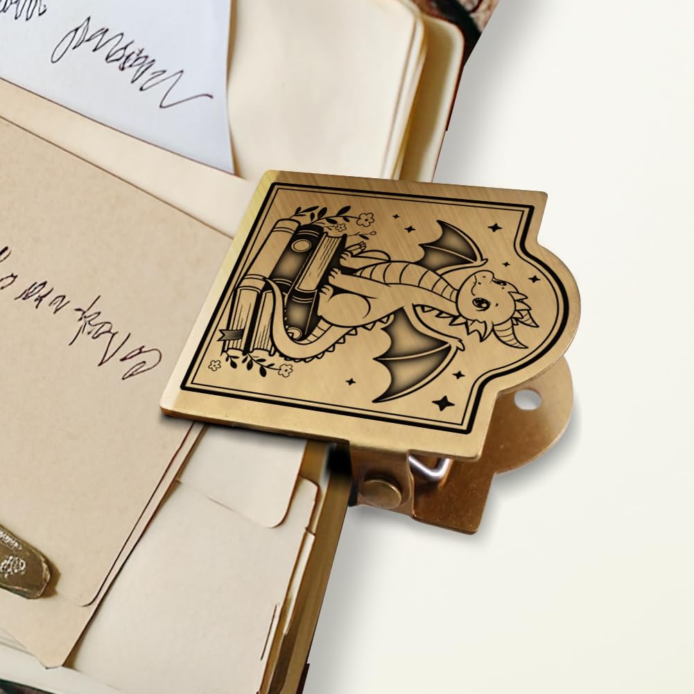 ANATTASOUL Brass Travel Notebook Journal Clip Dragon and Books Book Binder Clips Metal Vintage, 1.8"x1.6" Decorative Heavy Duty Gold Page Holder Clamps for Book, Paper, Bookmark, Accessories, Gifts
