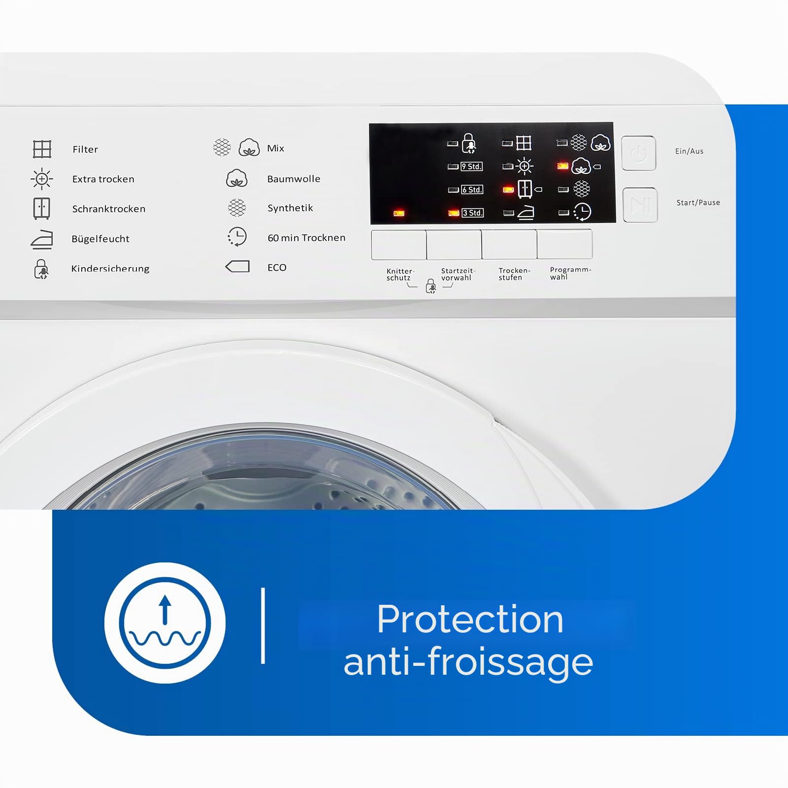 Exquisit TAE70-3 Sèche-linge à évacuation d'air | Capacité 7 kg | 8 programmes | Départ différé & sécurité enfant | Inversion automatique | Blanc