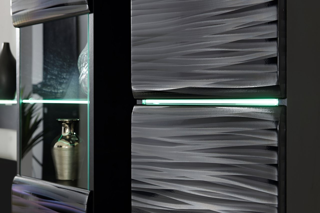 BIM Furniture Wohwand Blade 4 280 cm Anbauwand Wohnzimmer- Set Vitrine Lowboard schwarz Hochglanz LED
