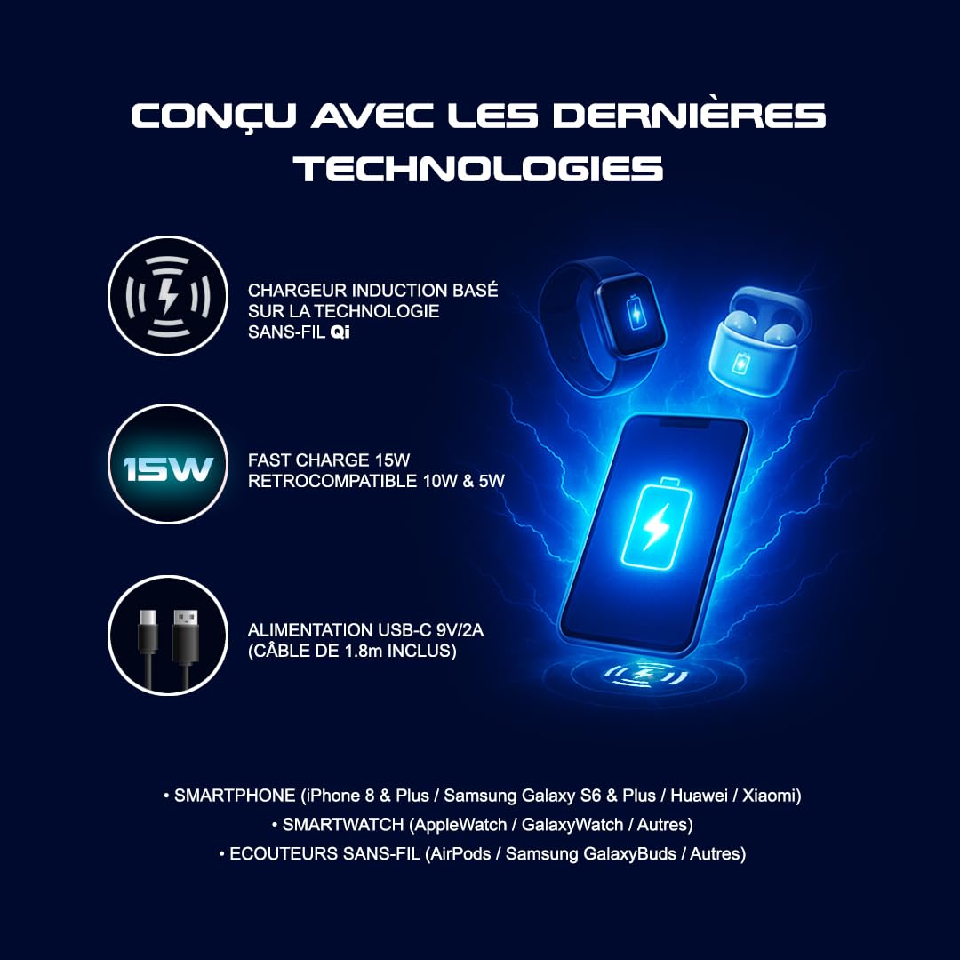 Tapis de Souris Gaming RGB XXL Premium Anti-Dérapant - Chargeur Induction 15W - 10 Modes LED - Tapis Bureau Gamer 2 en 1-800x300 mm - Chargeur sans-Fil Fast-Charge
