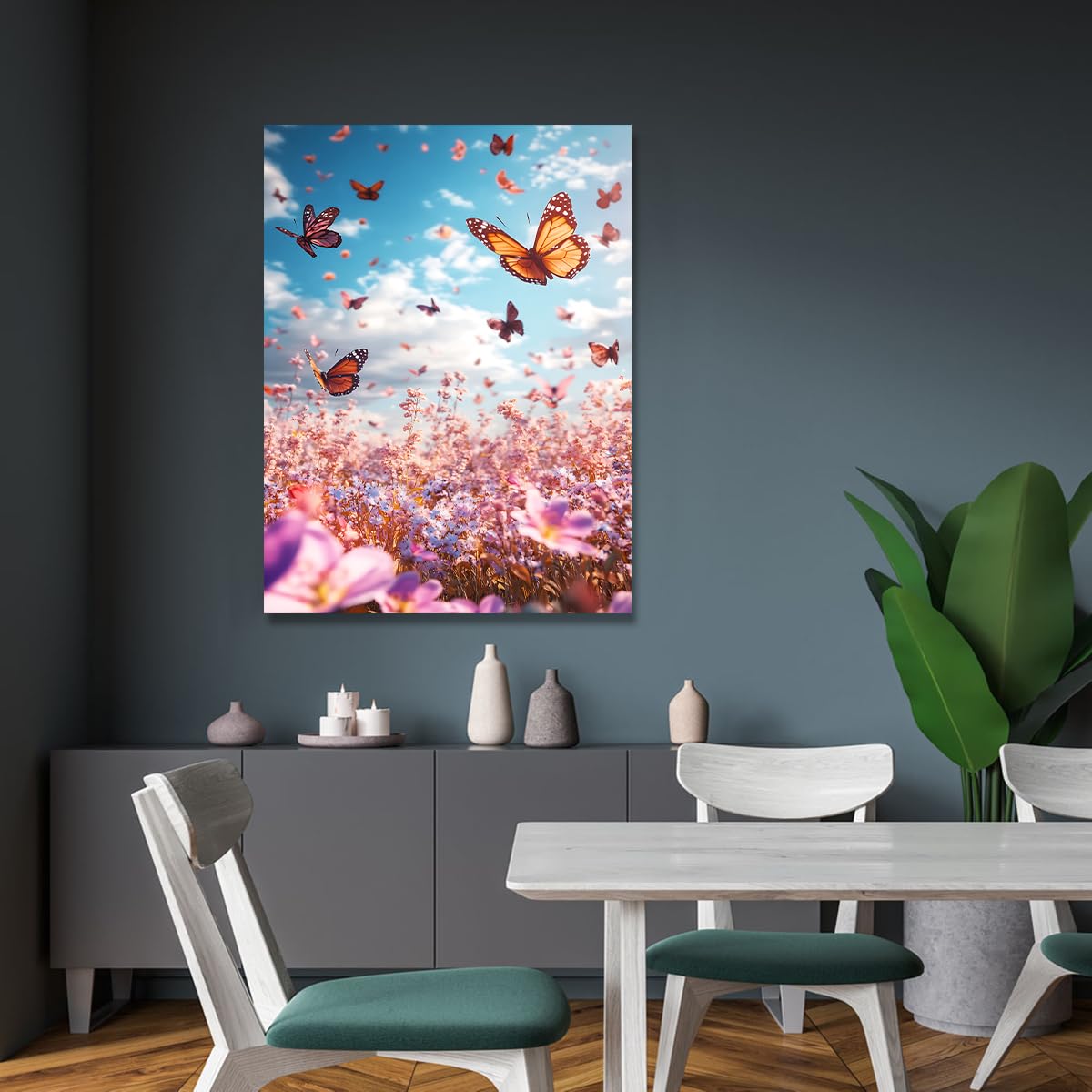 SHENGPOSTER Różowa i marzycielska różowa łąka grafika surrealistyczne pole kwiatowe i motyl obraz wiosenny plakat botaniczny do ramki wewnętrznej 80 x 112 cm