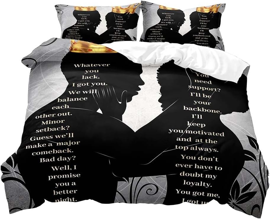 LUVIVIHOME 3PCS African American Bedding Sets, Grey Black Duvet Cover King, Melanin Queen Afro King Comforter Bedspread Quilt Cover, Romantic Valentine's Day Anniversary Couple Gifts, 2 Pillow Shams