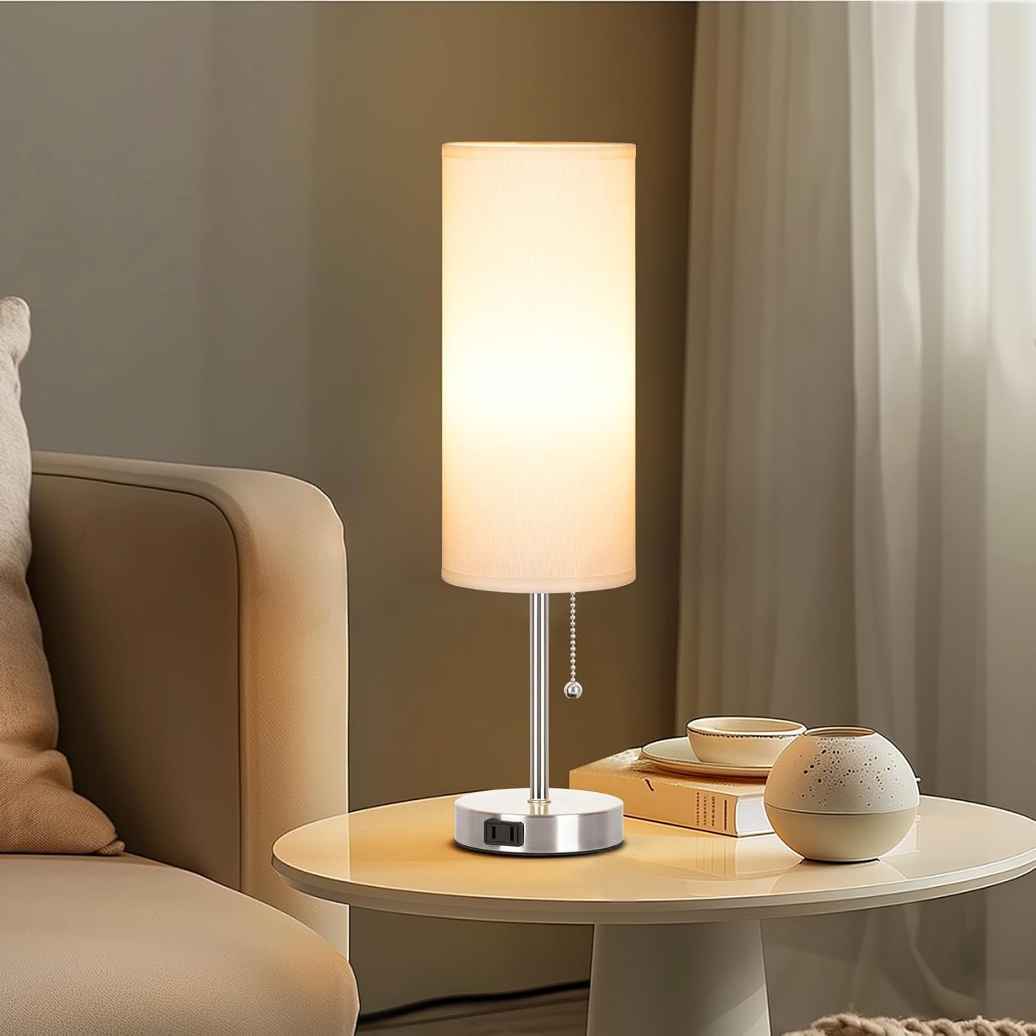 Dott Arts 18" Table Lamp for Bedroom, 3-Color Bedside Lamps with Pull Chain, Bedroom Table Lamps for Nightstand,AC Outlet Small Lamp for Living Room, Bulb Included Nickle