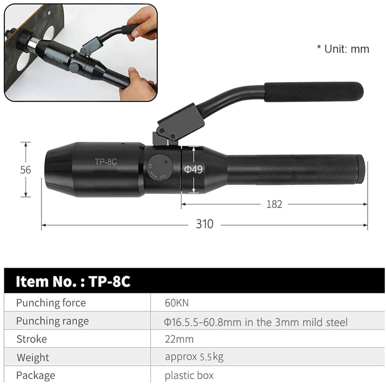 Kit Punzonatrice Idraulica Manuale 60 kN, 6 Matrici | Matrici 16,5–60,8 mm, Acciaio 3,5 mm, Pompa Anti-Perdita e Valigetta per Quadri Elettrici