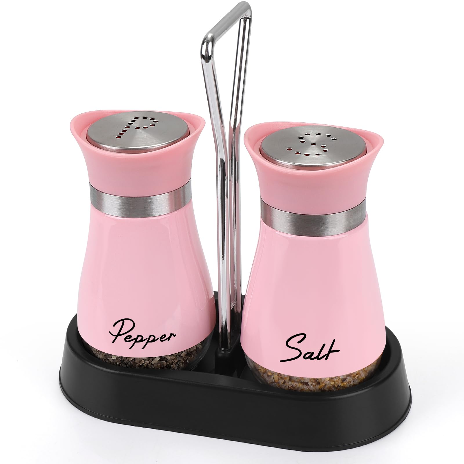 Accmor Salt and Pepper Shakers Set with Holder, 4 oz Stainless Steel Salt Pepper Shaker Containers with Glass Bottom for Kitchen Cooking, BBQ, Bar, Table, RV, Camp