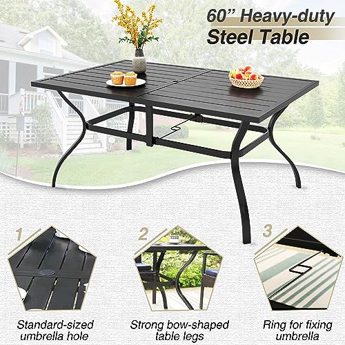 Phi Villa 7 Piece Patio Dining Table Set For 6, 60” Rectangular Metal Dining Table With Umbrella Hole & 6 C Spring Rattan Chairs For Outdoor, Deck, Porch, Yard #TOP2