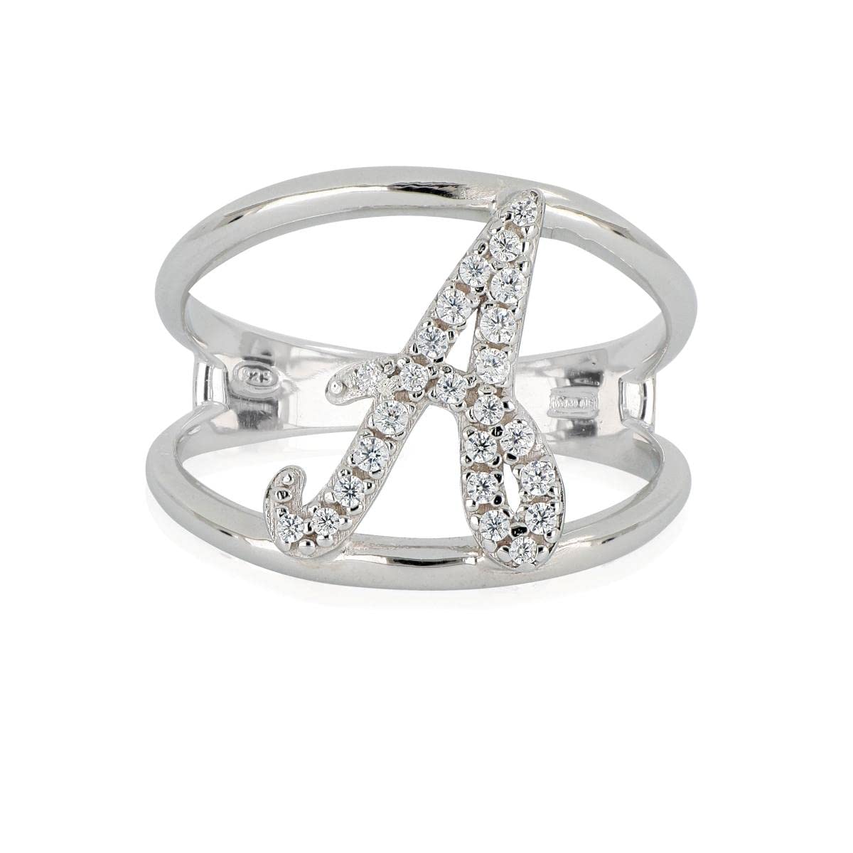 Artlinea, Anello in Argento 925 Sterling, Gioiello Personalizzato con la Lettera Maiuscola/Corsiva, con Pavé Zirconi, Retro Aperto con Misura Regolabile, Made in Italy