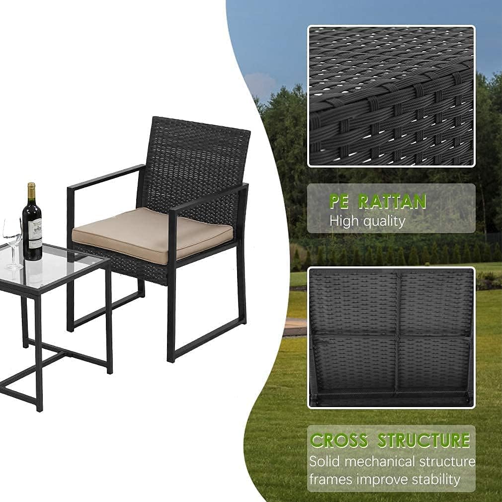 3 Pieces Outdoor Patio Furniture Sets Wicker Porch Furniture Bistro Table Rattan Chairs w/Thick Cushions Patio Conversation Set with Glass Coffee Table for Lounge, Backyard Pool, Black