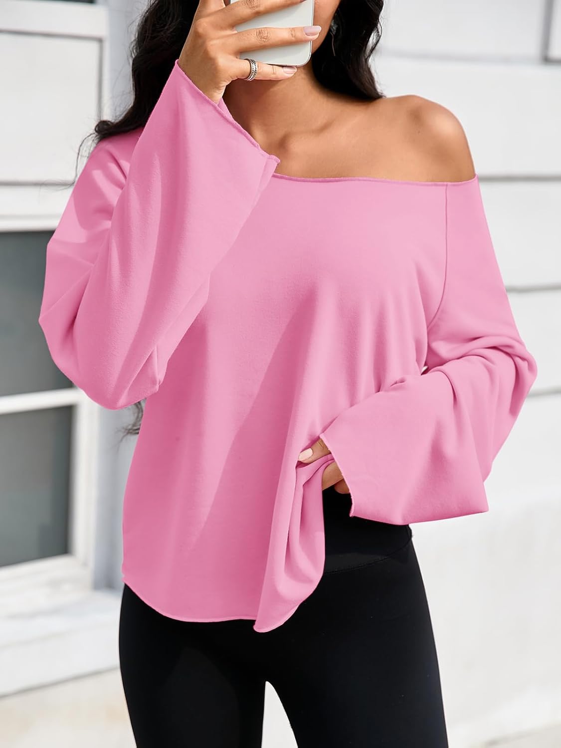 Fisoew Womens Off The Shoulder Tops Sweatshirts Lightweight Oversized Pullovers Long Sleeve Y2k Loose Fit Tunic Tops - Image 3