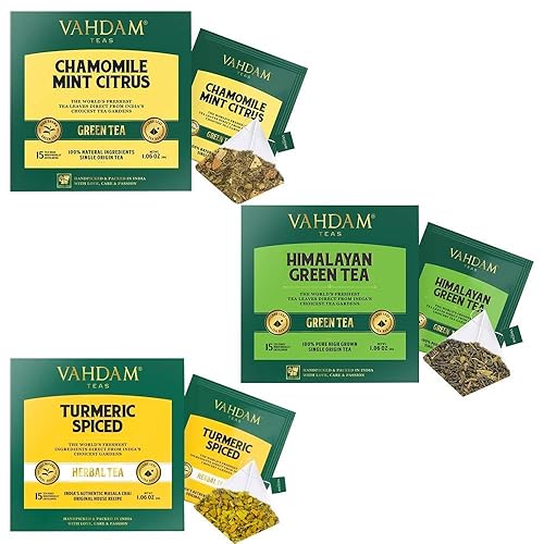 Vahdam, paquete de 30 días de fitness (90 bolsas de té) I menta de manzanilla, té verde del Himalaya y cúrcuma especiada I potentes antioxidantes,