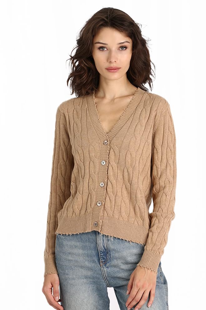 Image of Minnie Rose Women's Long Sleeve V Neck Cotton Frayed Cardigan Sweater