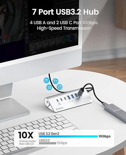 Miniatura 9 de ORICO Hub USB 3.2 de 4 puertos de 10 Gbps con 2 puertos USB A + 2 puertos USB C, concentrador USB 3.2 Gen 2 con cable USB-C de 1.64 pies y adaptador