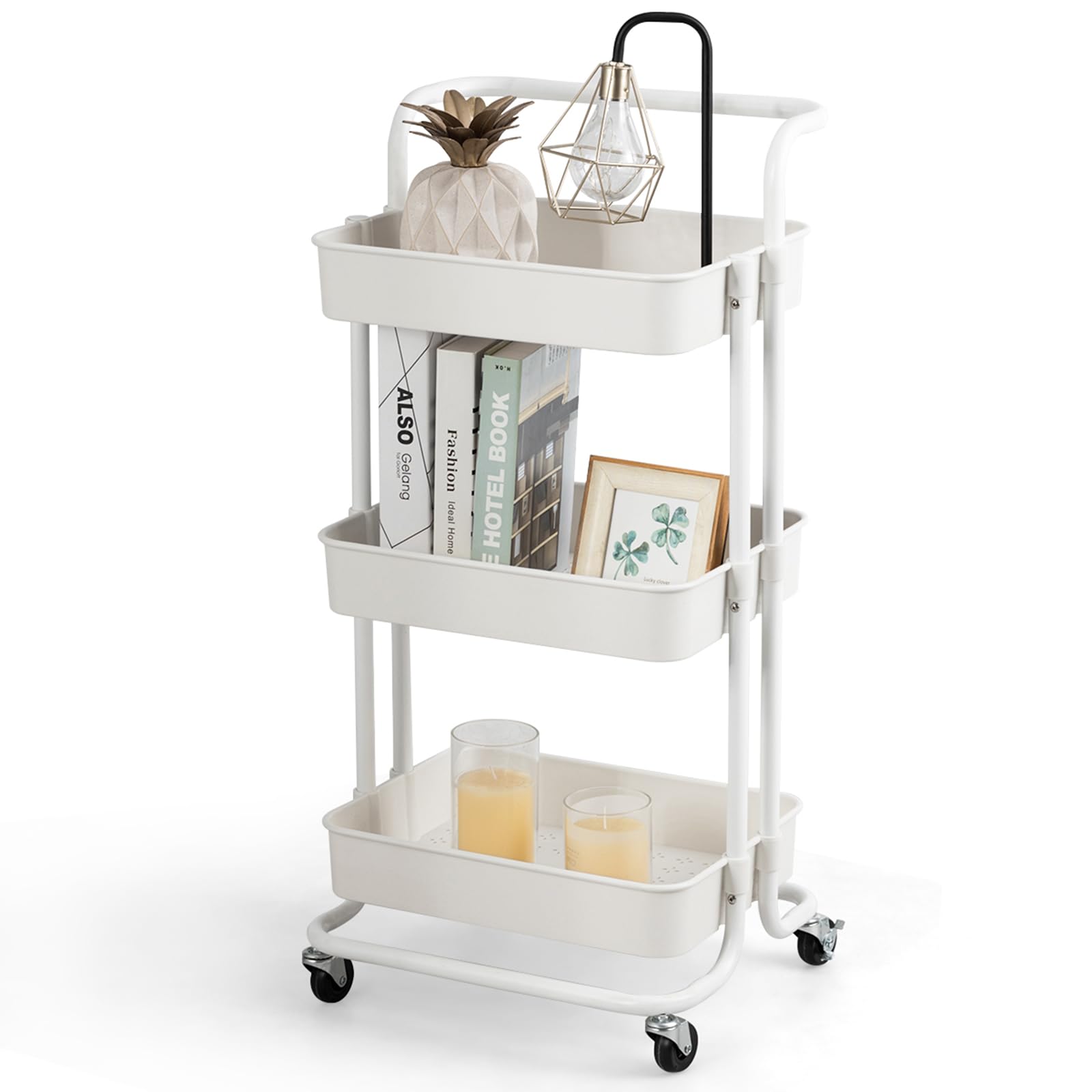 COSTWAY Carrello con 3 Cesti e Maniglia, Carrello Multifunzione con Ruote, Carrellino di Stoccaggio per Bagno Cucina e Ufficio, 87 x 35 x 42 cm, Capacità di Carico 60 kg (Bianco)