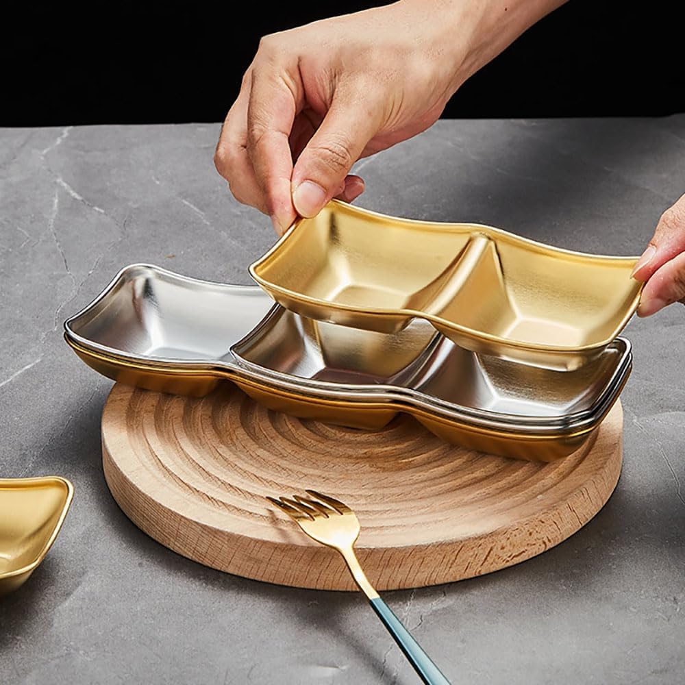 Stainless Steel Side Dishes 4pcs Sauce Dish Bowls Condiments Cup Serving Bowl Set Sushi Dipping Saucers Soy Dipping Bowls for Home Kitchen Restaurant BBQ (Gold, 2 Compartment)