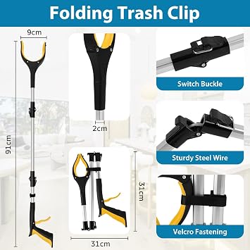 Foldable Litter Picker Grabber, 91cm/36 Long Handle Litter Pickers Grabber Stick for Tall Users, 360 Degree Rotating Reach Aid, Helping Hand for Adults, Disabled, and Elderly, Yellow