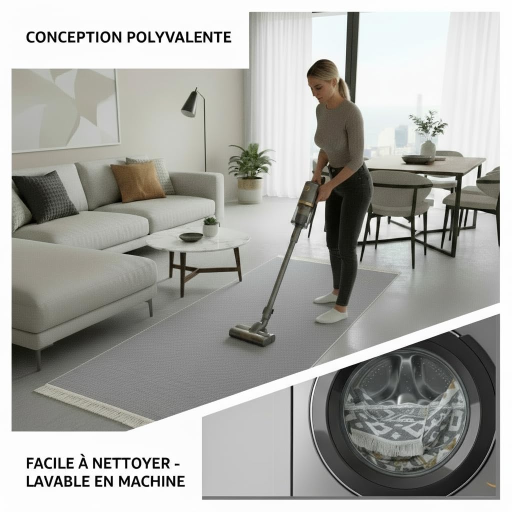 Jimri Tapis de Couloir - Tapis pour Salon, Chambre, Cuisine, Chambre d'enfant, Salle de Bain - Boho Kelim - Gris Clair, 80 x 150 cm