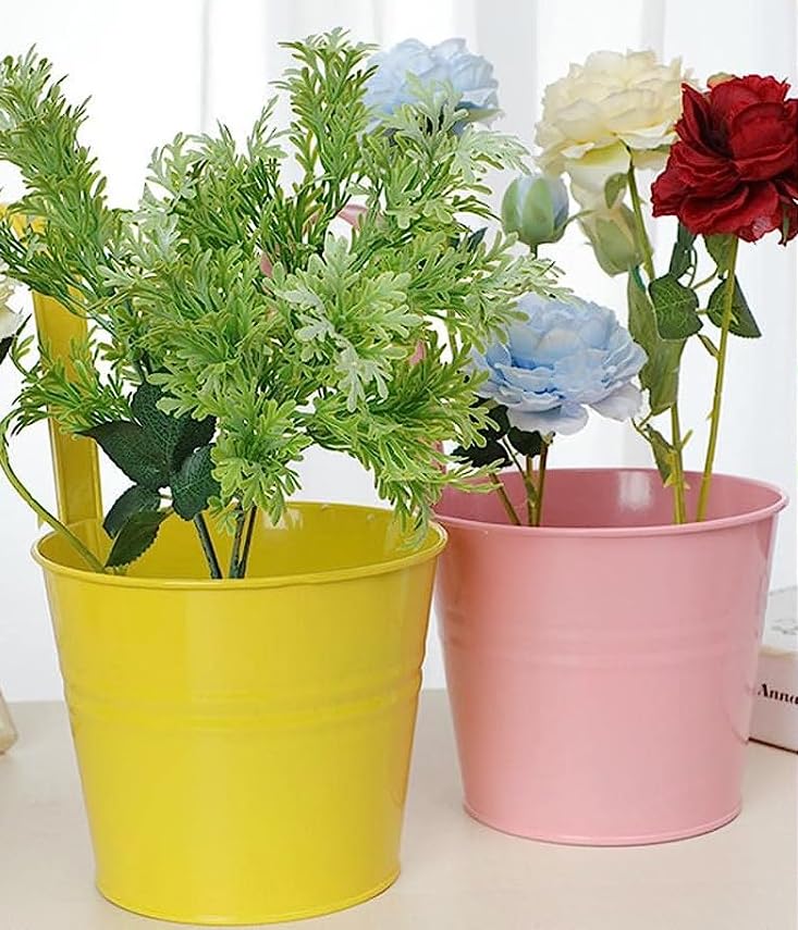 Wensmy 4pcs Metal Hanging Flower Pots With Drainage Hole Balcony Flower Bucket Wall Planter Garden Planters with Detachable Hook for Balcony Fence Decor (Yellow) - Image 4
